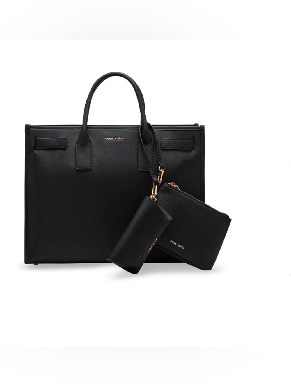 Anne Klein 3 Piece Work Bridge Snap Tote Bag. Black/Gold.
